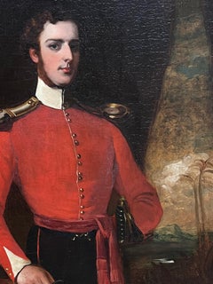 1850's Portrait of British Officer in Red Military Uniform Antique Oil Painting
