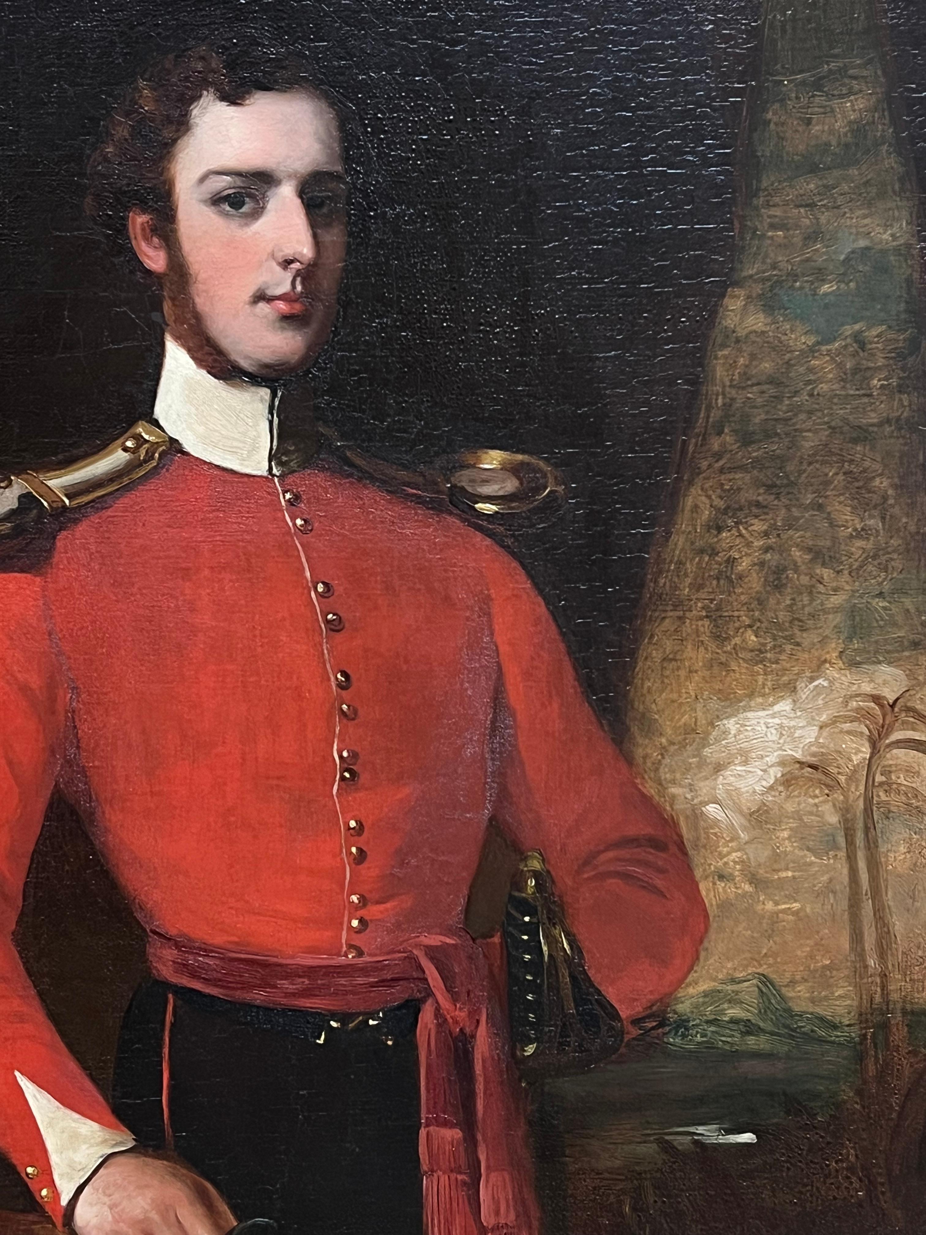 1850 Retrato de oficial británico con uniforme militar rojo Pintura al óleo antigua - Painting Escuela inglesa de English Victorian Oil 