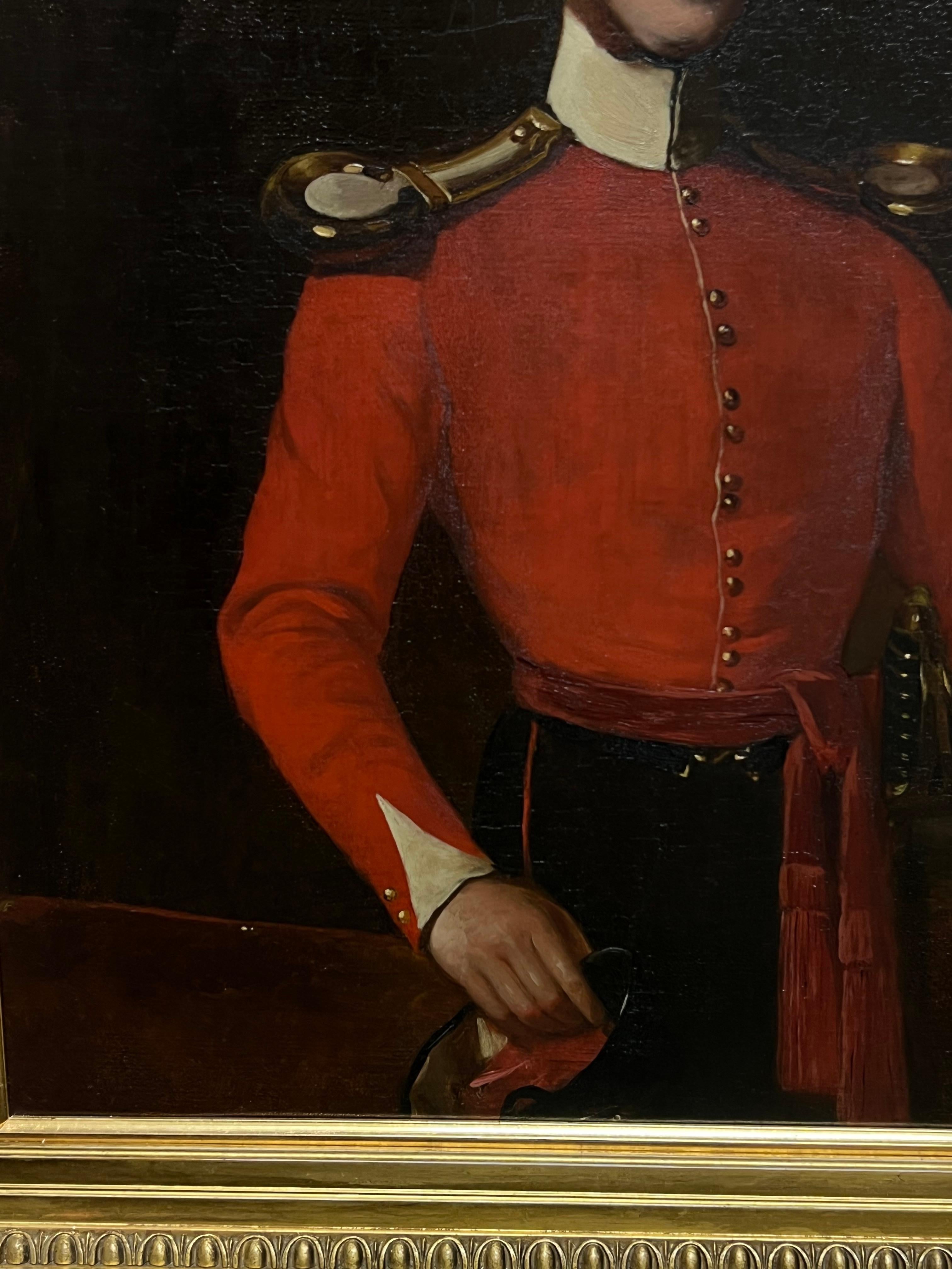 1850 Retrato de oficial británico con uniforme militar rojo Pintura al óleo antigua en venta 1