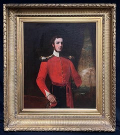 1850's Portrait of British Officer in Red Military Uniform Antique Oil Painting