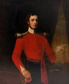 1850's Portrait of British Officer in Red Military Uniform Antique Oil Painting
