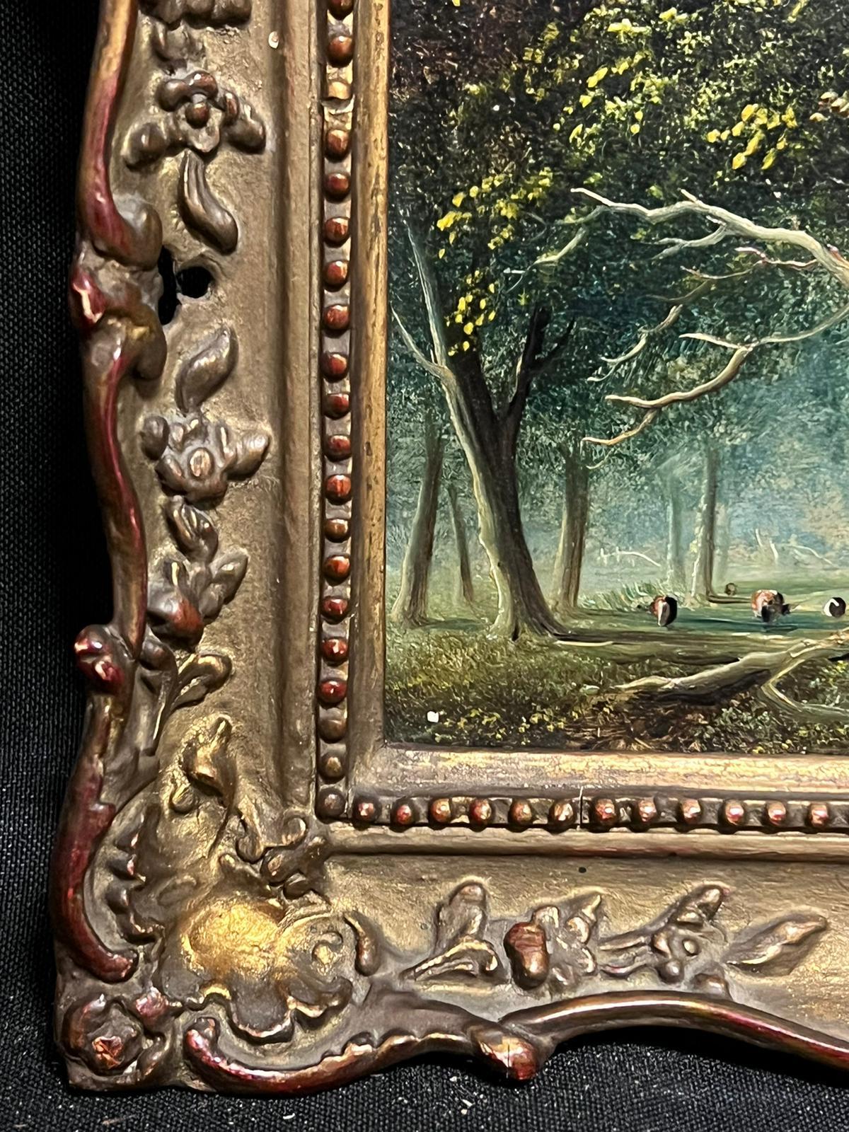 The Woodland Glade
British School, circa 1870's period
oil on board, framed
framed: 7 x 8.5 inches
board: 5 x 6.25 inches
provenance: private collection, England
condition: very good and sound condition, please note the frame has a few moulding/