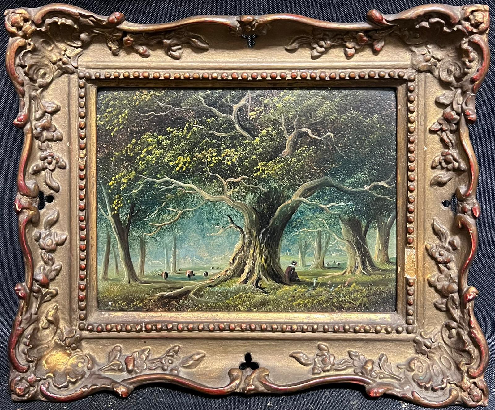 1870's English Oil Painting Woodland Avenue of Trees Figure & Sheep Grazing