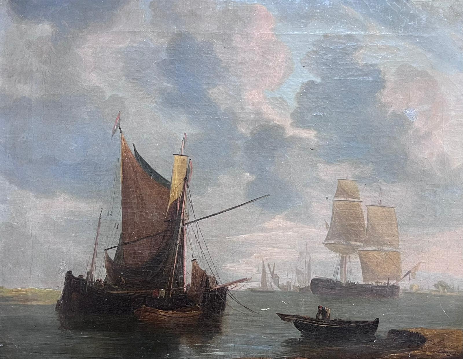 Pintura al óleo marina inglesa del siglo XIX Navegación en aguas tranquilas Grandes barcos - Painting de English Victorian Oil 