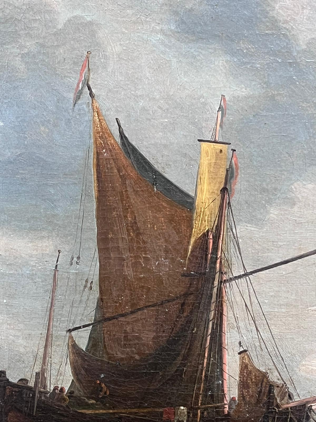 Pintura al óleo marina inglesa del siglo XIX Navegación en aguas tranquilas Grandes barcos - Painting Victoriano de English Victorian Oil 
