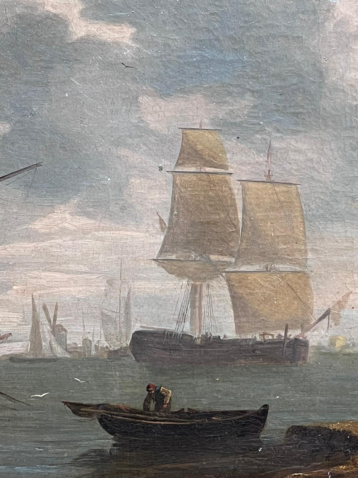 Pintura al óleo marina inglesa del siglo XIX Navegación en aguas tranquilas Grandes barcos - Landscape Painting Gris de English Victorian Oil 