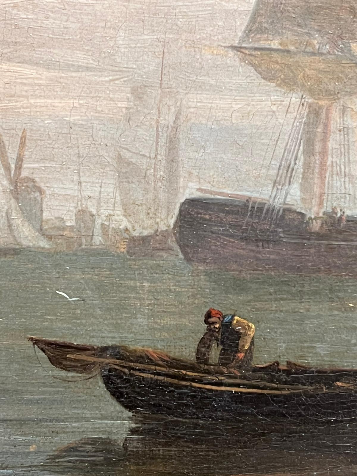 Pintura al óleo marina inglesa del siglo XIX Navegación en aguas tranquilas Grandes barcos 2