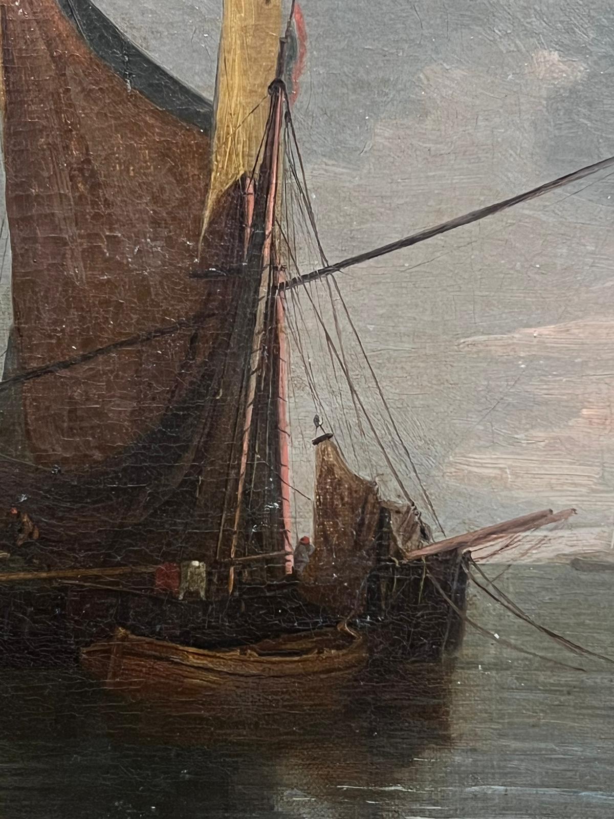 Pintura al óleo marina inglesa del siglo XIX Navegación en aguas tranquilas Grandes barcos 3