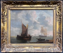 19th Century English Marine Oil Painting Shipping in Calm Waters Tall Ships