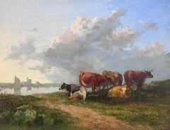 19th Century English Pastoral Oil Painting Cattle Resting by River at Sunset