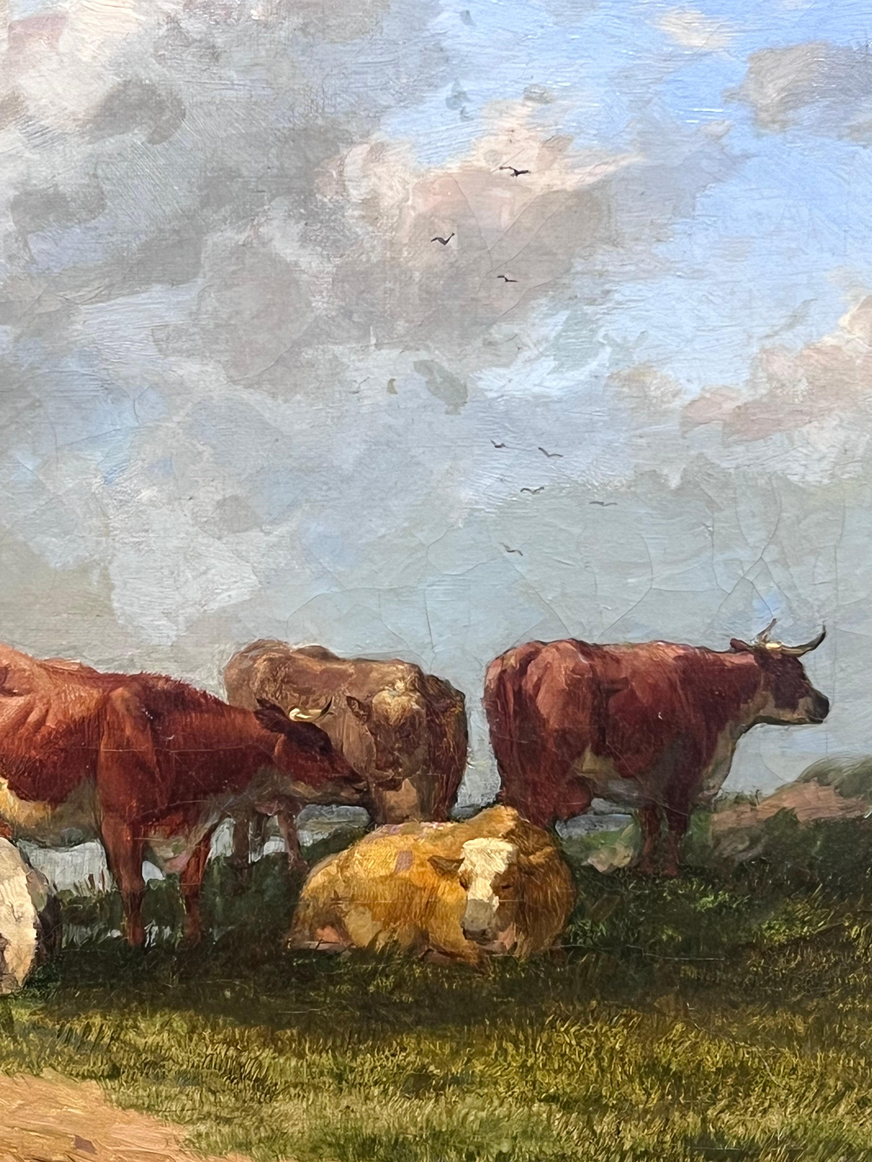 Pintura al óleo pastoral inglesa del siglo XIX Ganado descansando junto al río al atardecer - Landscape Painting Marrón de English Victorian Oil 