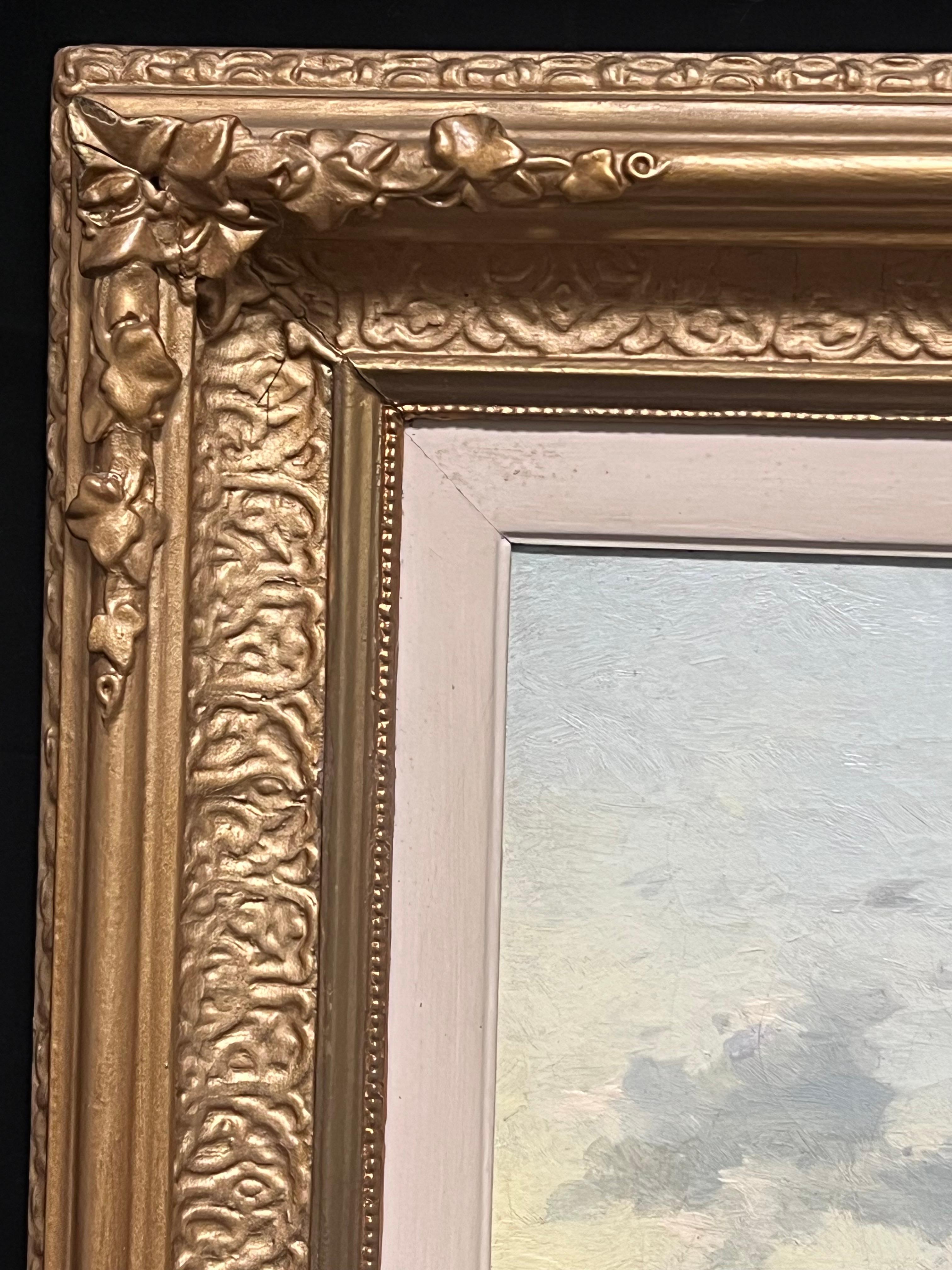 Pintura al óleo pastoral inglesa del siglo XIX Ganado descansando junto al río al atardecer en venta 1