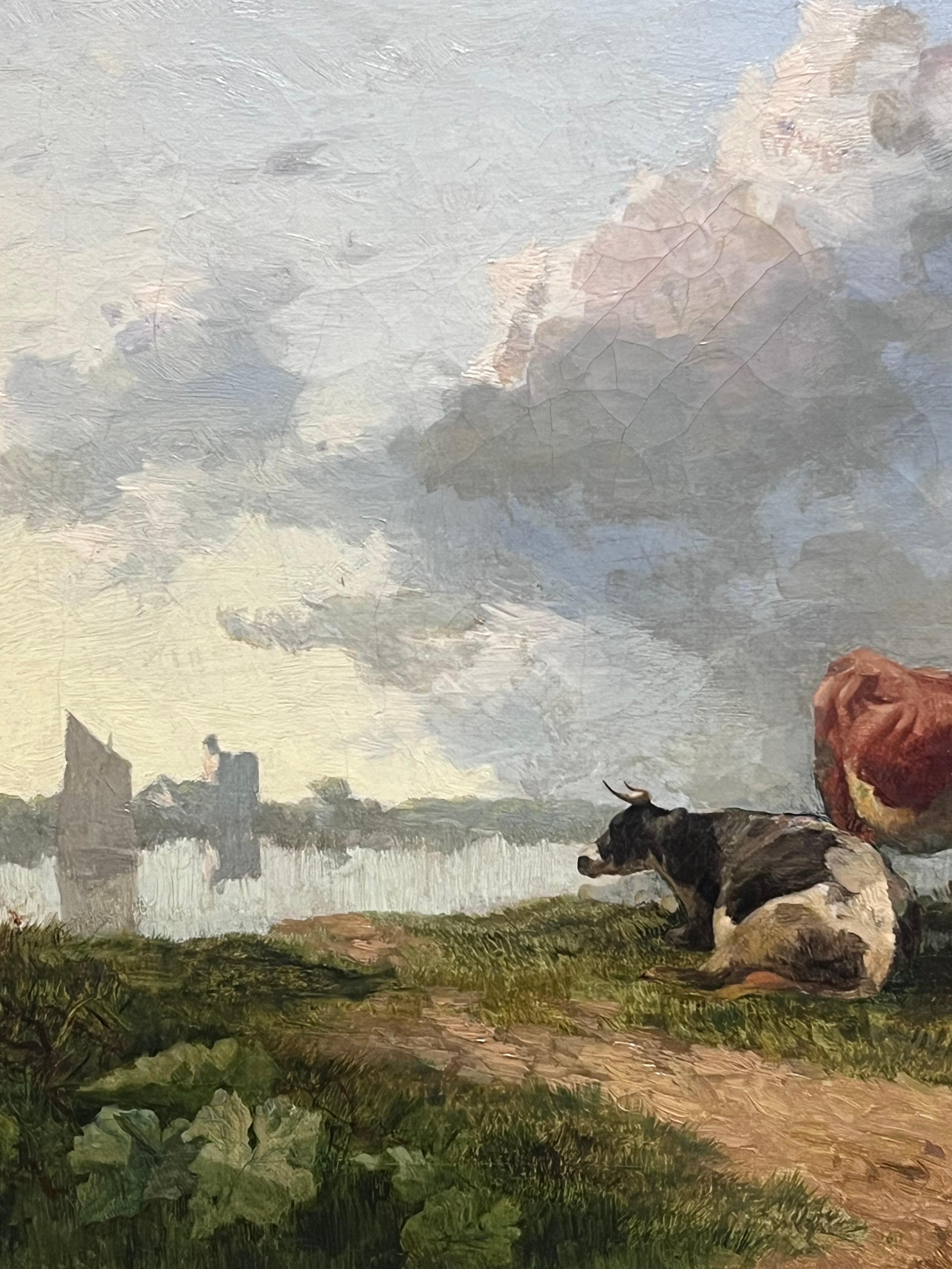 Pintura al óleo pastoral inglesa del siglo XIX Ganado descansando junto al río al atardecer en venta 2