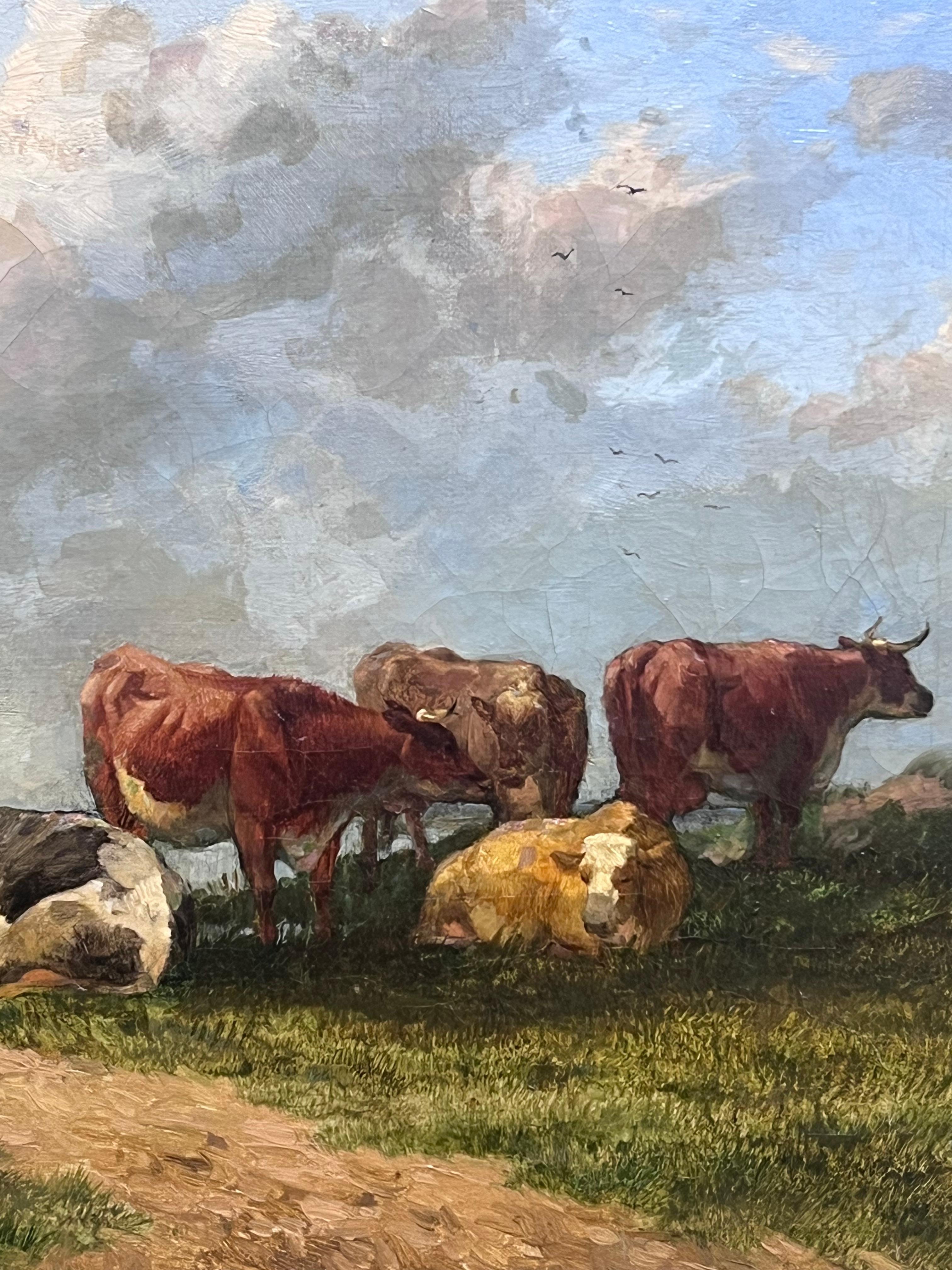 Pintura al óleo pastoral inglesa del siglo XIX Ganado descansando junto al río al atardecer en venta 3