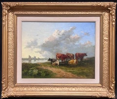 19th Century English Pastoral Oil Painting Cattle Resting by River at Sunset