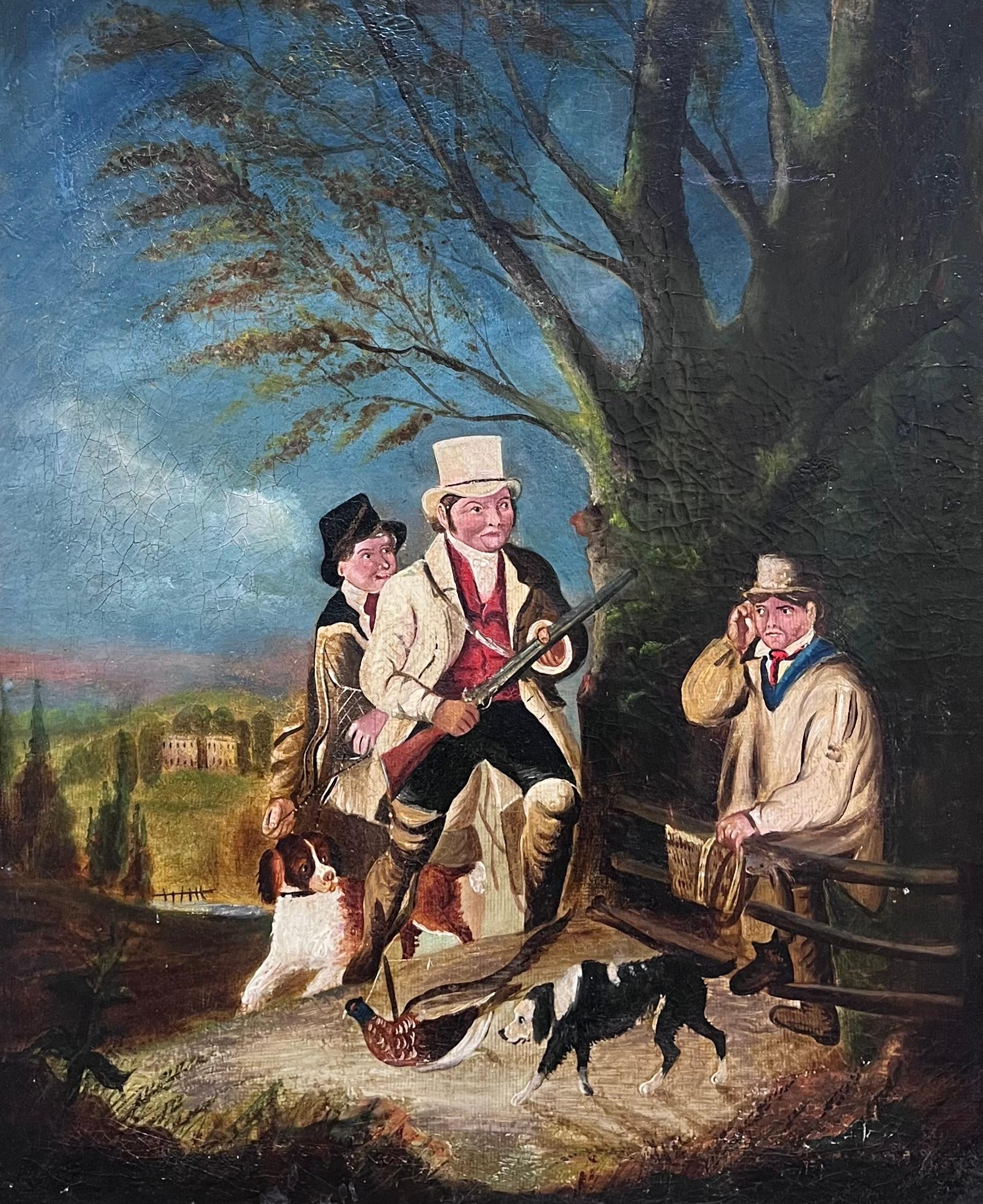 Pintura al óleo de arte deportivo inglés del siglo XIX Caballeros y leales perros de caza - Painting de English Victorian Oil 