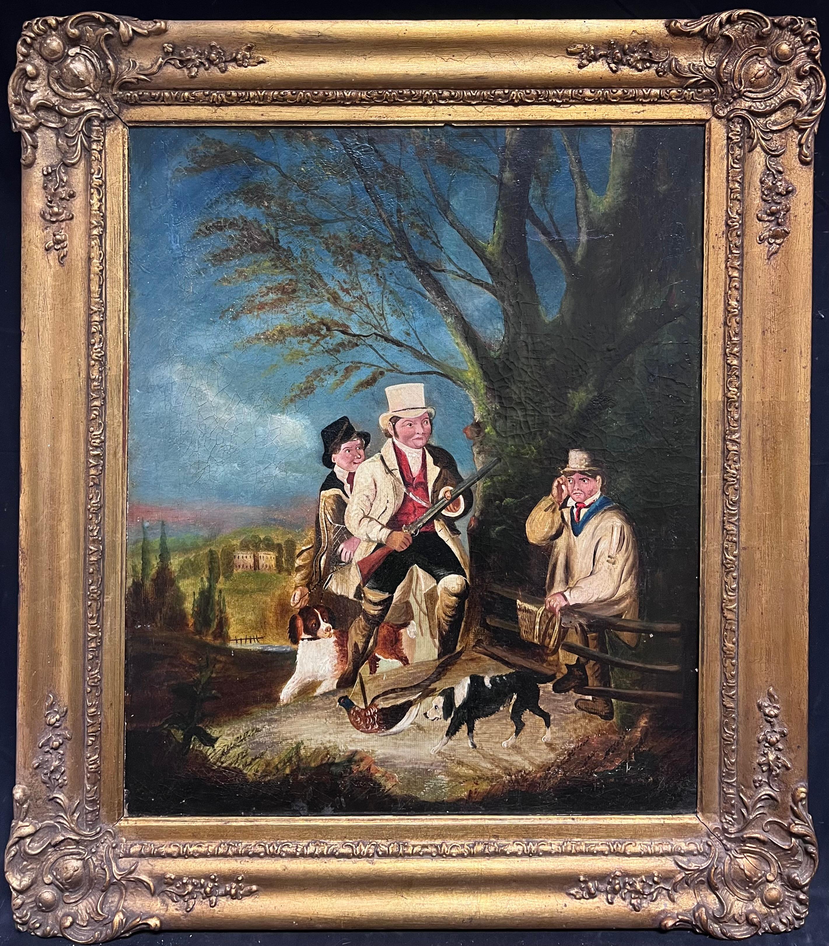 Figurative Painting de English Victorian Oil  - Pintura al óleo de arte deportivo inglés del siglo XIX Caballeros y leales perros de caza