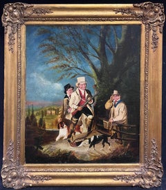 Vintage 19th Century English Sporting Art Oil Painting Gentlemen & Loyal Hunting Dogs