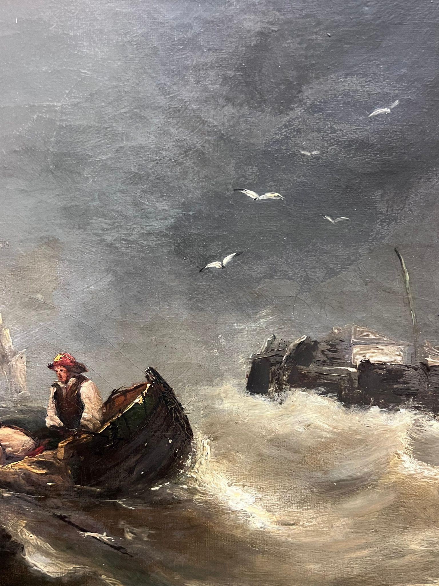 Antiguo óleo marino victoriano inglés del siglo XIX Barcos Mares tormentosos en venta 5