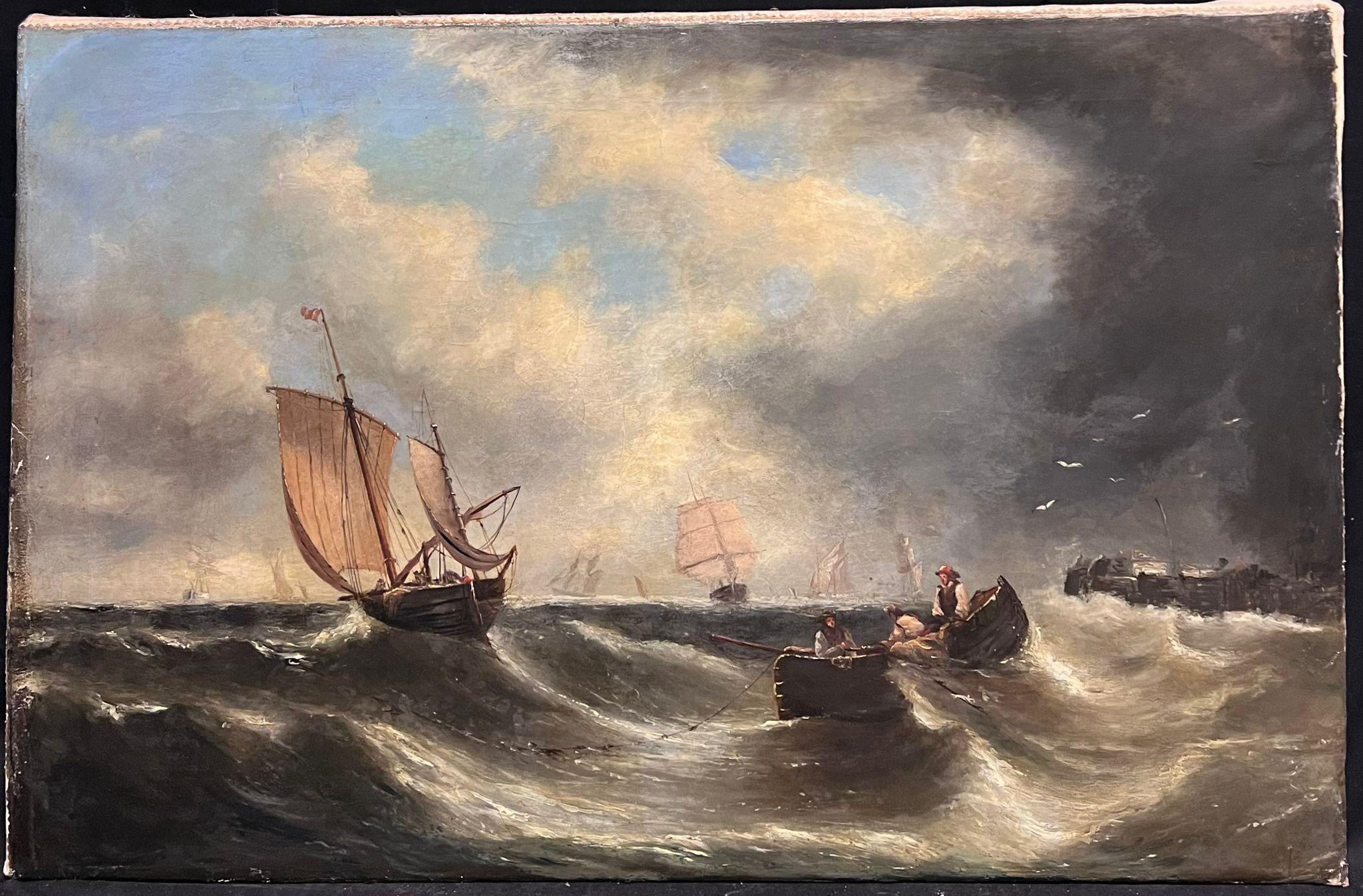 Antiguo óleo marino victoriano inglés del siglo XIX Barcos Mares tormentosos - Painting de English Victorian Oil 
