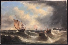 Antique 19th Century English Victorian Marine Oil Painting Boats Stormy Seas