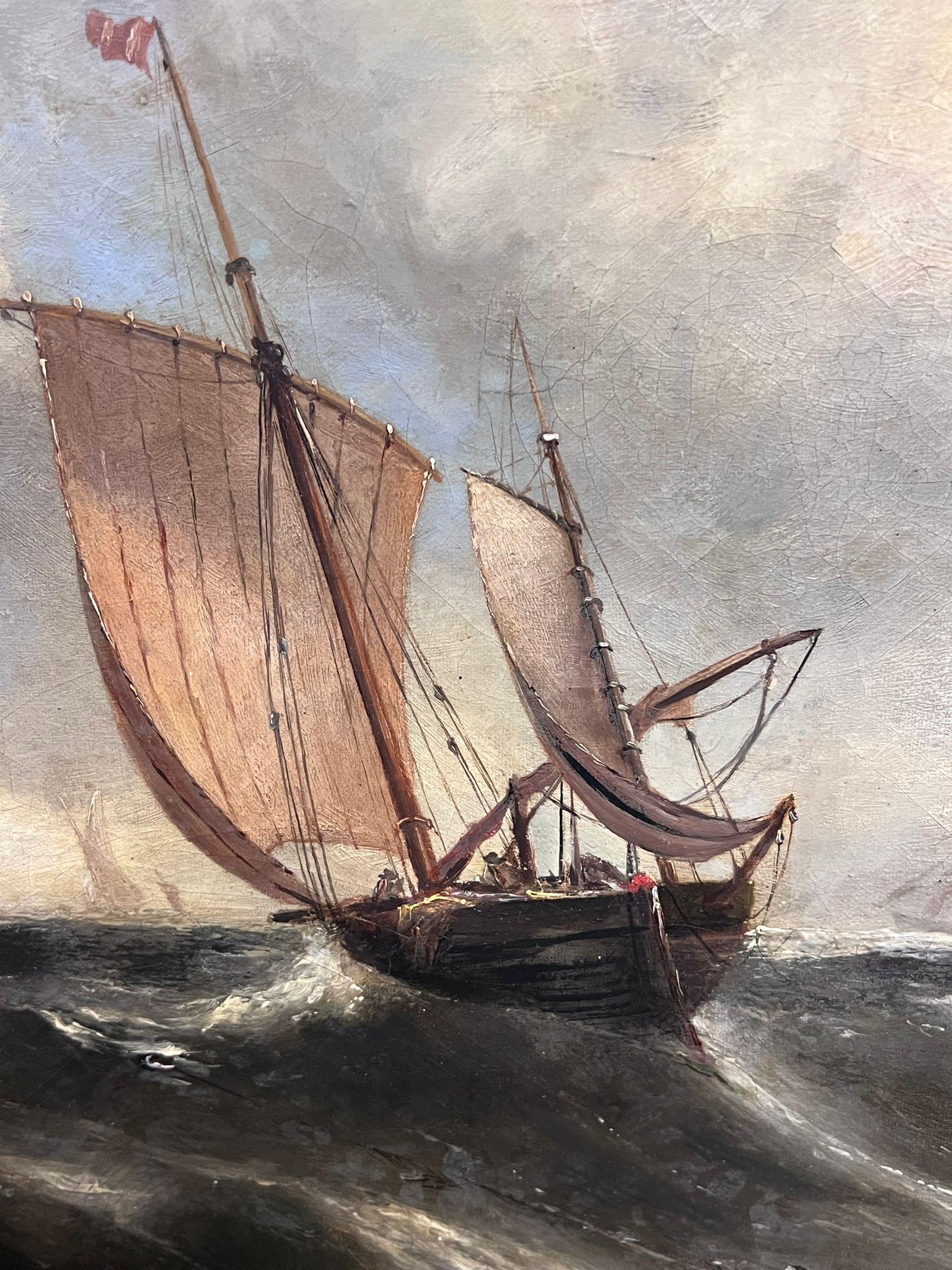 Antiguo óleo marino victoriano inglés del siglo XIX Barcos Mares tormentosos - Landscape Painting Marrón de English Victorian Oil 
