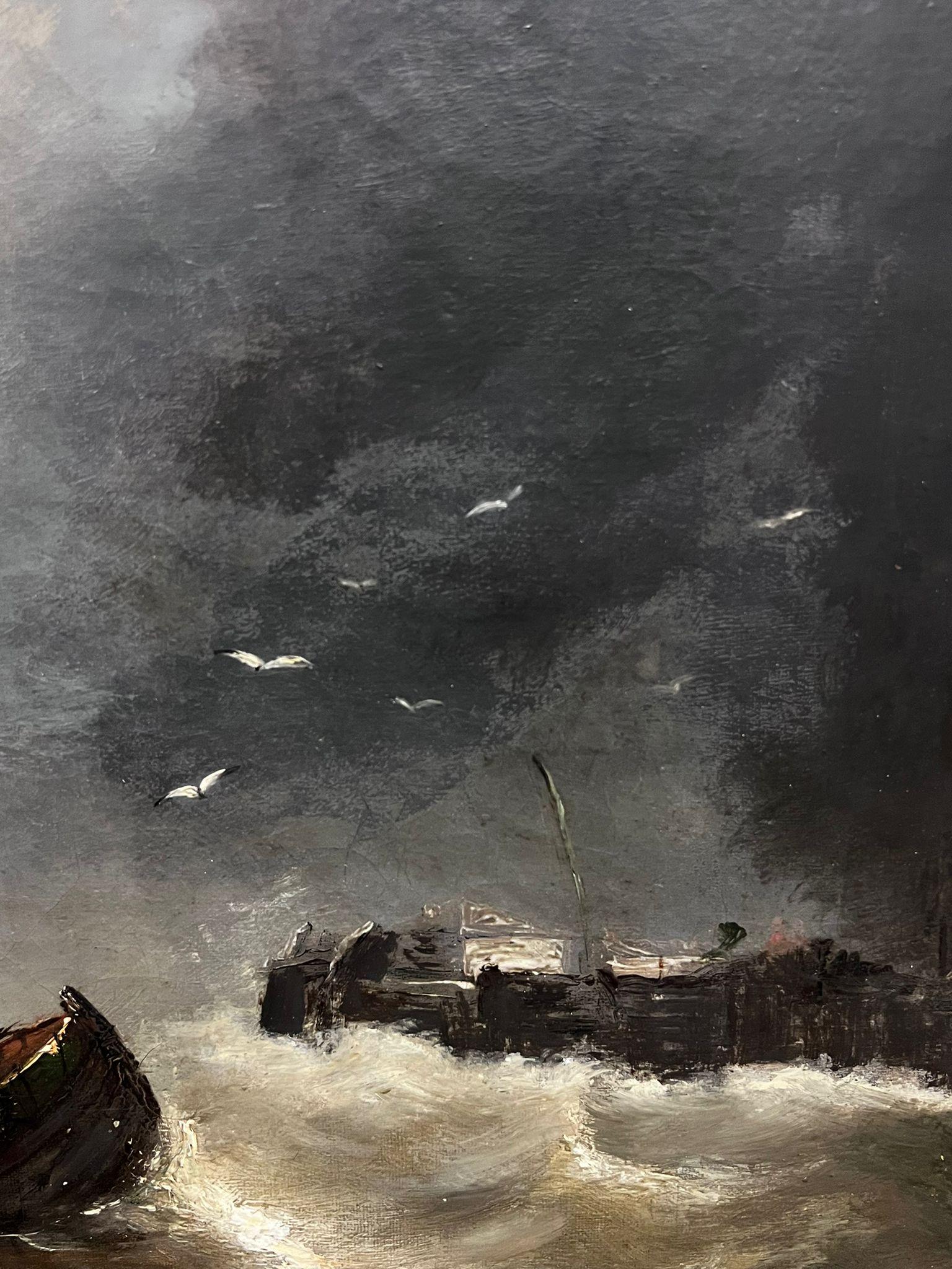Antiguo óleo marino victoriano inglés del siglo XIX Barcos Mares tormentosos en venta 1