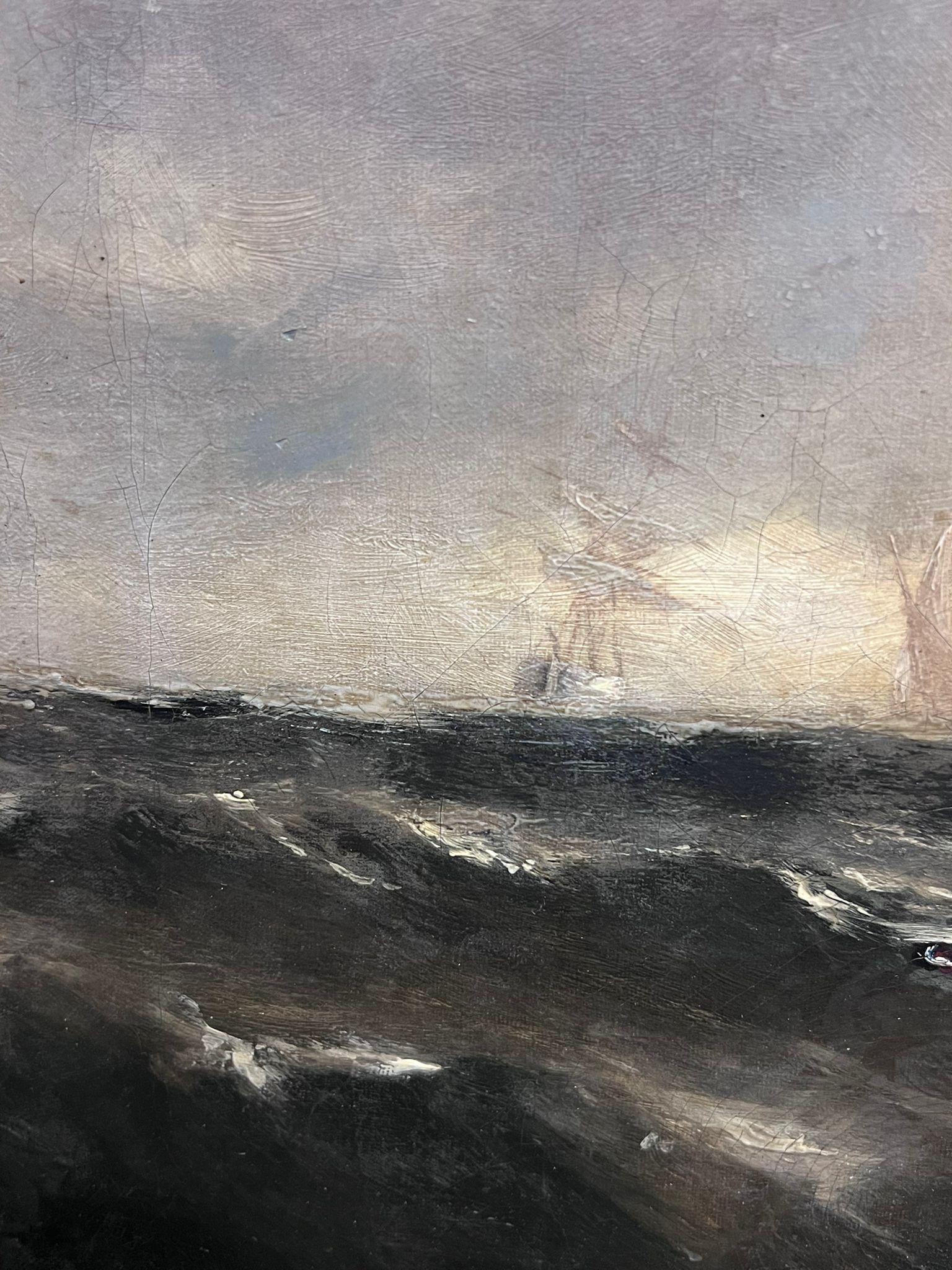 Antiguo óleo marino victoriano inglés del siglo XIX Barcos Mares tormentosos en venta 2