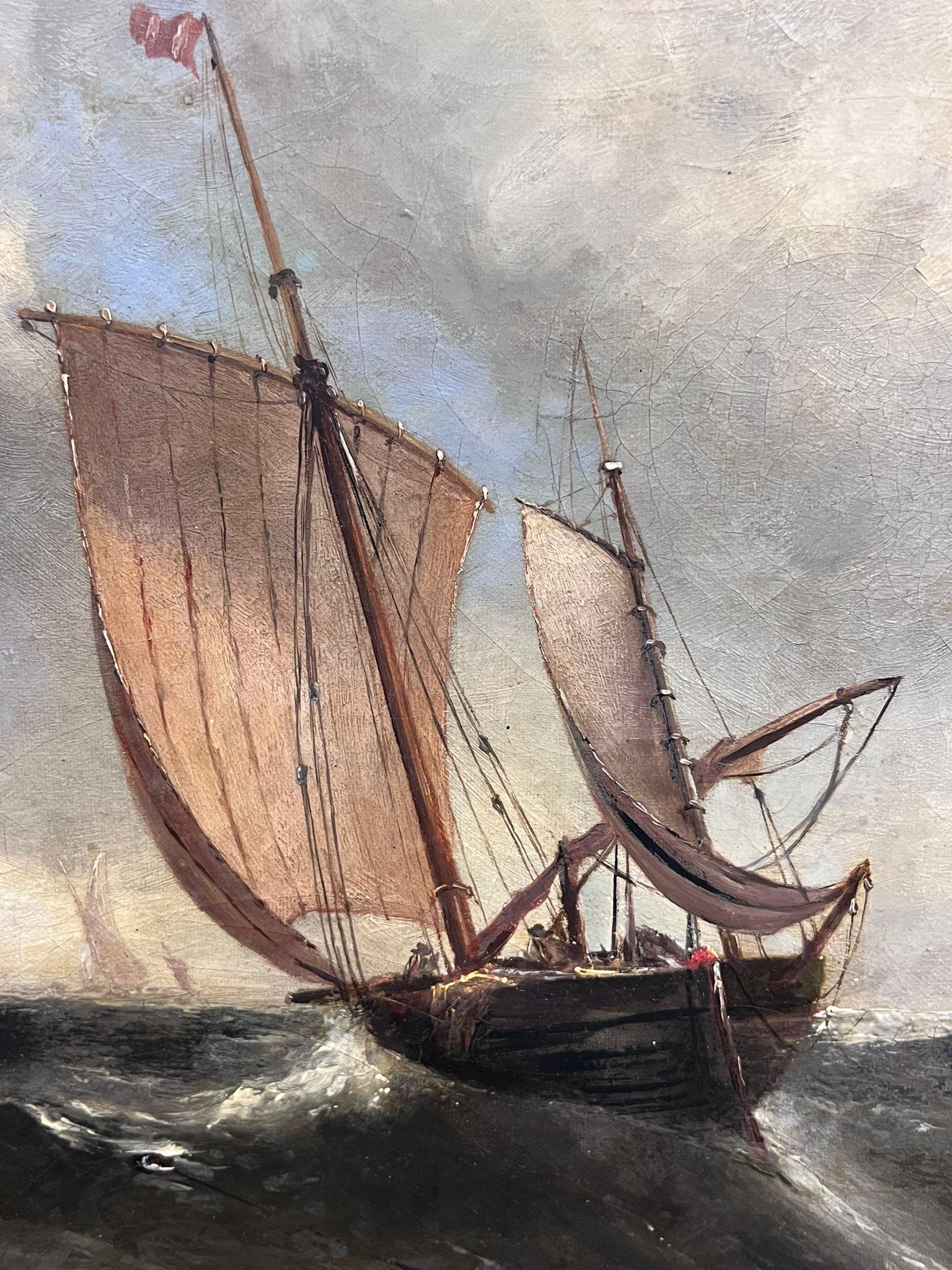 Antiguo óleo marino victoriano inglés del siglo XIX Barcos Mares tormentosos en venta 3