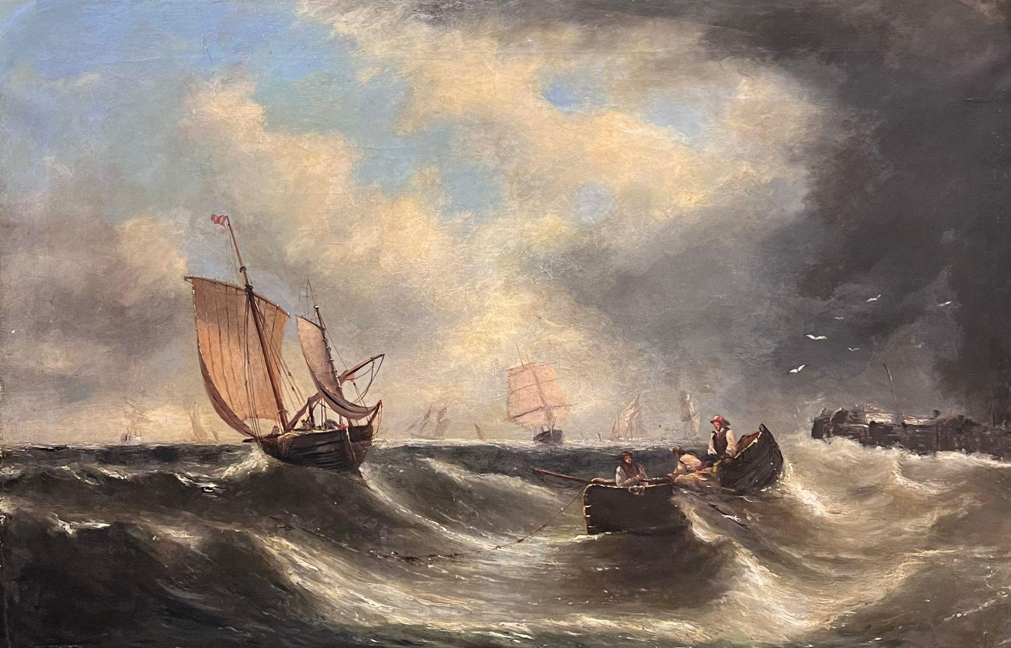 Landscape Painting de English Victorian Oil  - Antiguo óleo marino victoriano inglés del siglo XIX Barcos Mares tormentosos