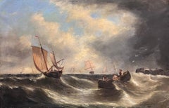 Antique 19th Century English Victorian Marine Oil Painting Boats Stormy Seas