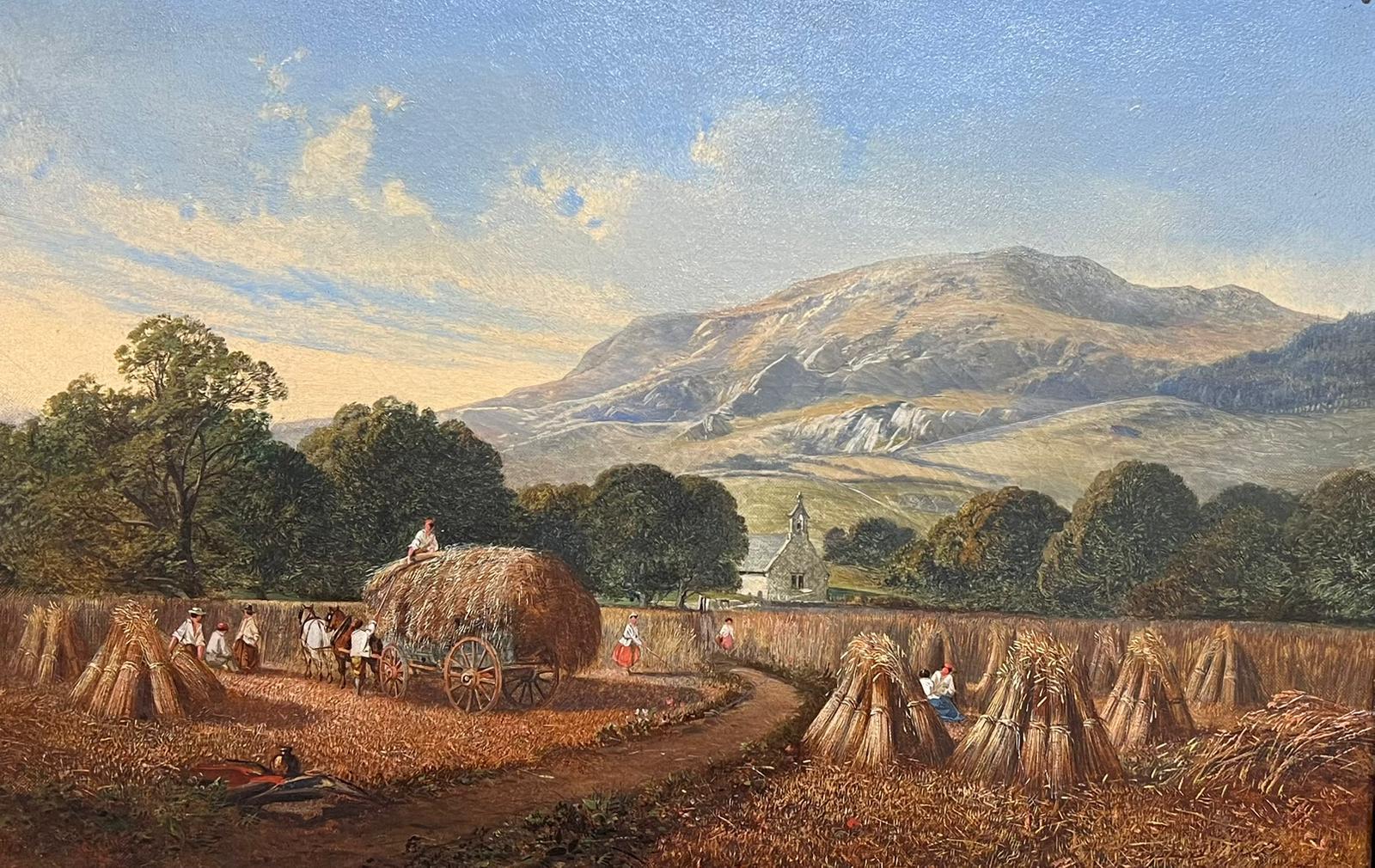 Early 19th Century Welsh Oil Painting Harvest Time Loading Haycart Mountains - Brown Figurative Painting by English Victorian Oil 