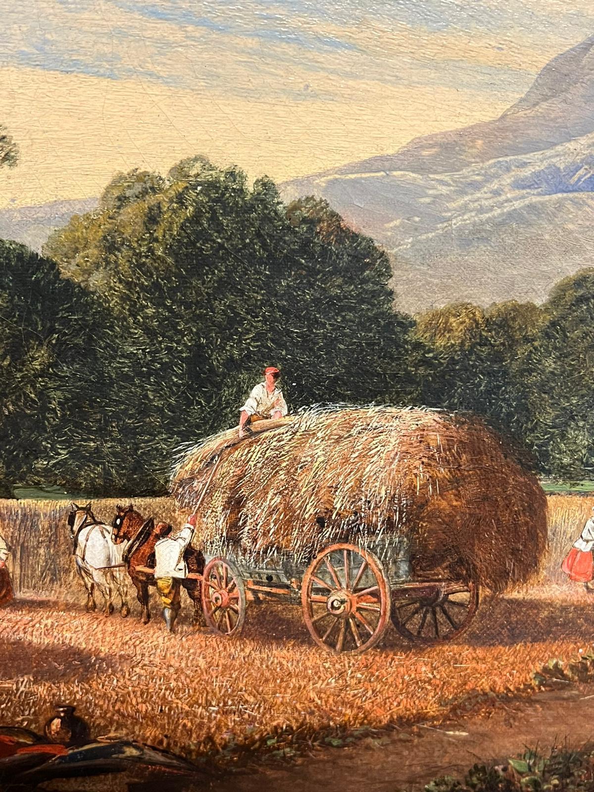 Early 19th Century Welsh Oil Painting Harvest Time Loading Haycart Mountains For Sale 5