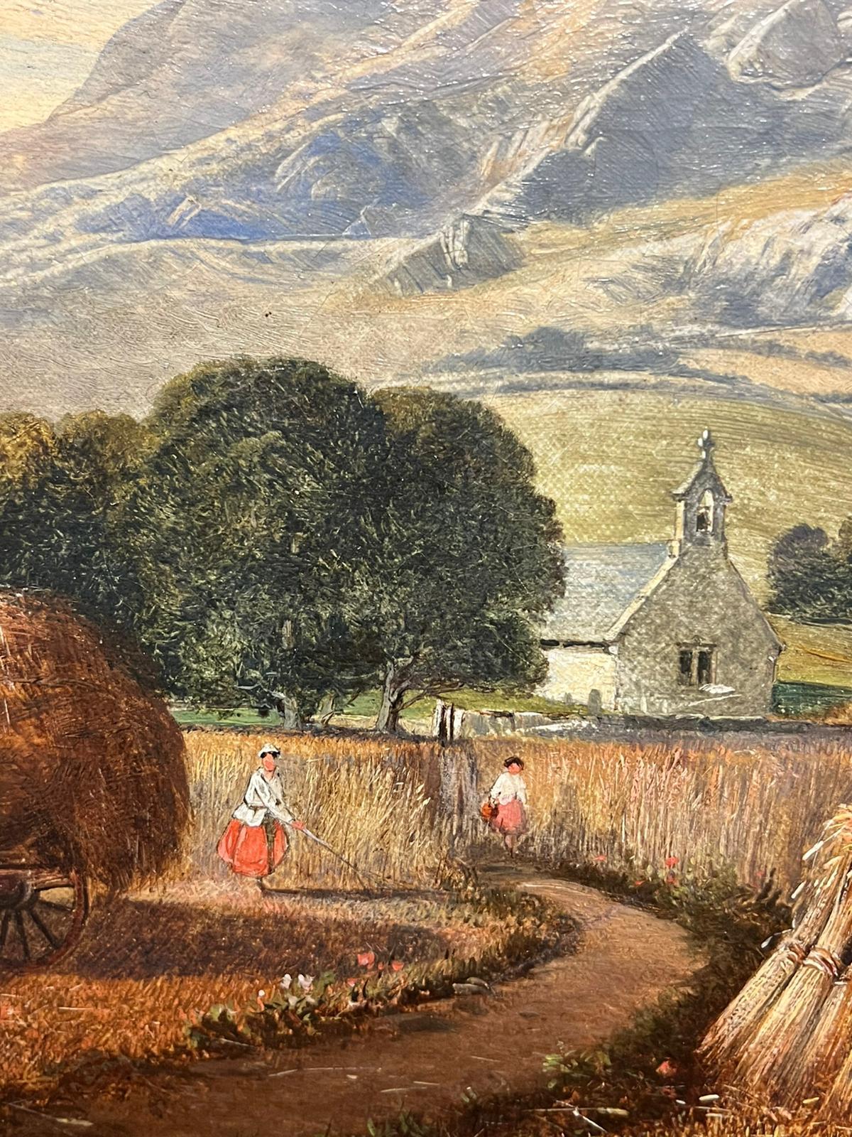 Early 19th Century Welsh Oil Painting Harvest Time Loading Haycart Mountains For Sale 6