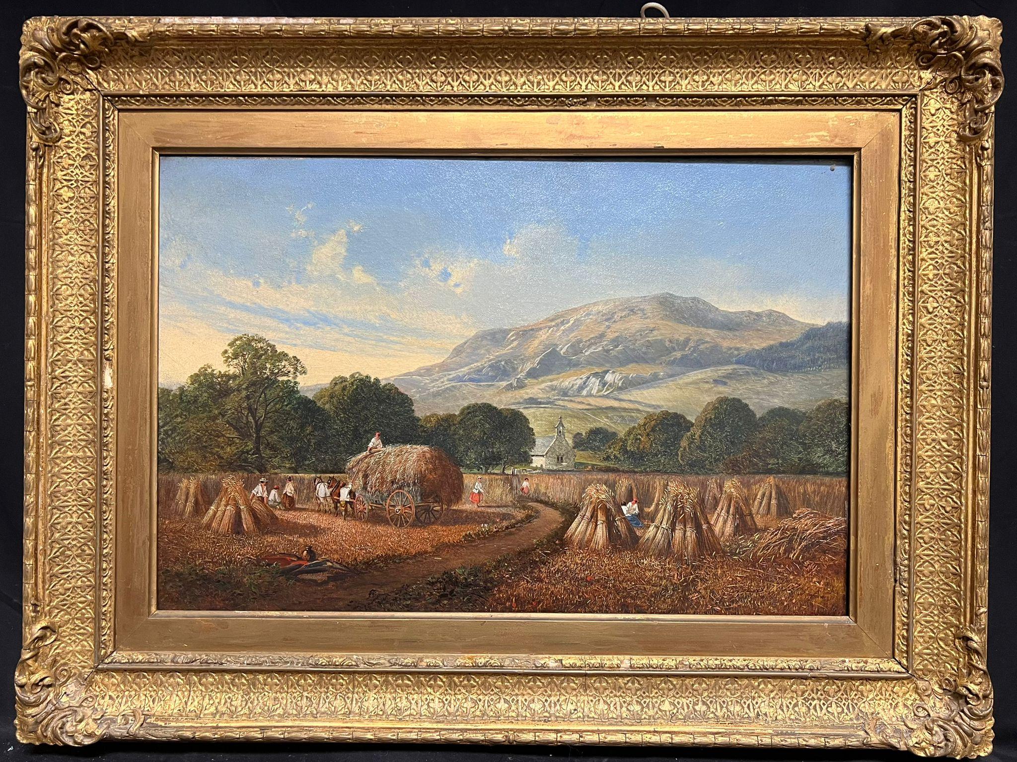 English Victorian Oil  Figurative Painting - Early 19th Century Welsh Oil Painting Harvest Time Loading Haycart Mountains