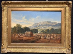 Early 19th Century Welsh Oil Painting Harvest Time Loading Haycart Mountains