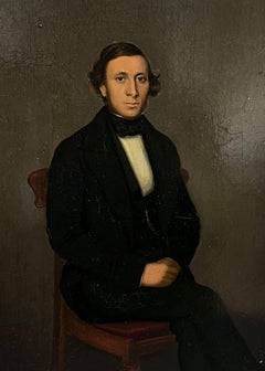 Pintura al óleo inglesa victoriana del siglo XIX Retrato de caballero sentado