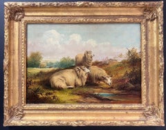 Family of Sheep in Tranquil Pastures Signed & Dated 19th Century English Oil