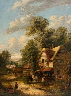 Figures outside Thatched Woodland Tavern English 19th Century Oil Painting