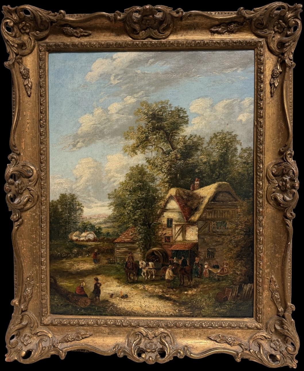 Figures outside Thatched Woodland Tavern English 19th Century Oil Painting
