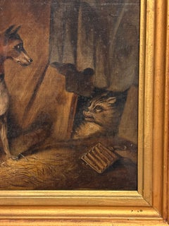 Wunderschönes englisches Hundegemälde aus den 1870er Jahren: Terrier in einer Scheune, der eine Katze jagt – signiertes Original