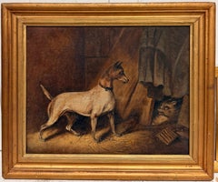 Wunderschönes englisches Hundegemälde aus den 1870er Jahren: Terrier in einer Scheune, der eine Katze jagt – signiertes Original
