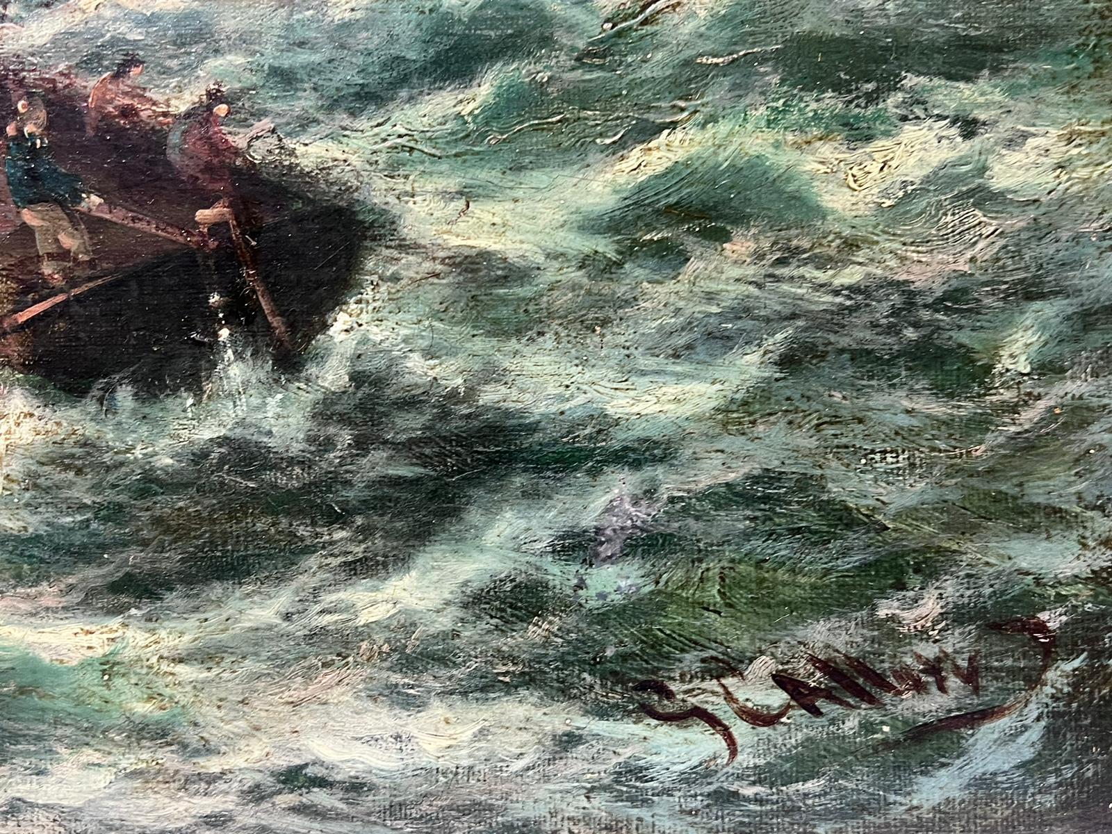 Fine Victorian English Marine Oil Painting Fishing Boats Stormy Crashing Seas For Sale 1
