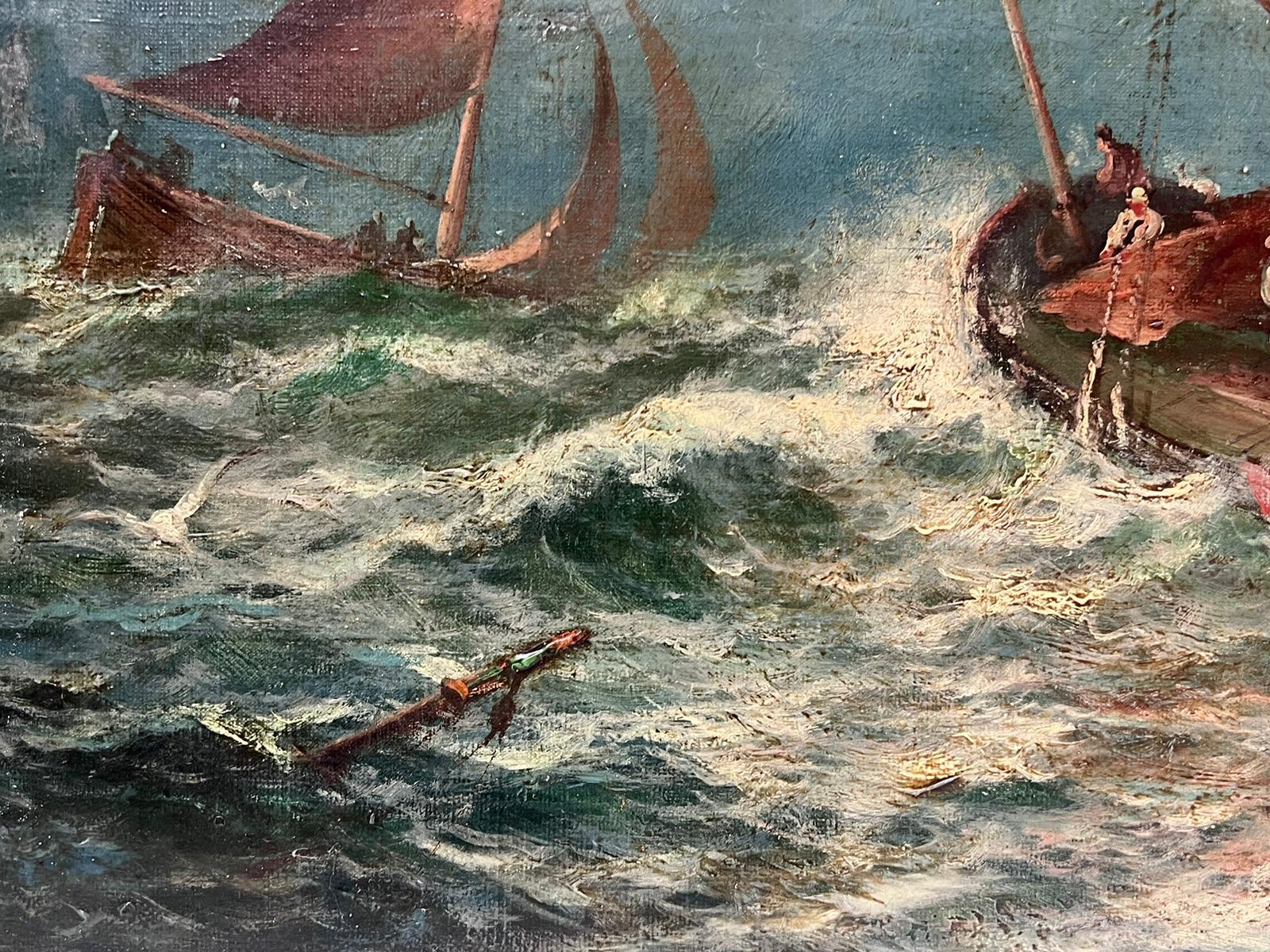 Fine Victorian English Marine Oil Painting Fishing Boats Stormy Crashing Seas For Sale 2