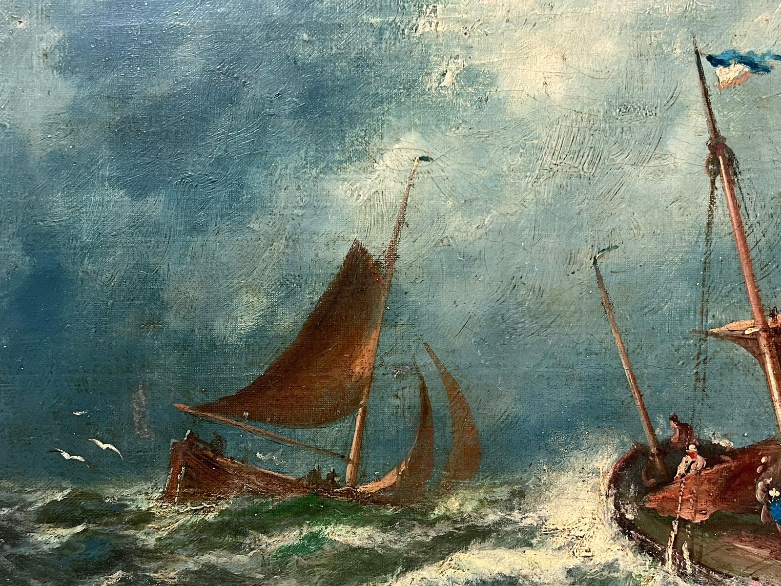 Fine Victorian English Marine Oil Painting Fishing Boats Stormy Crashing Seas For Sale 3