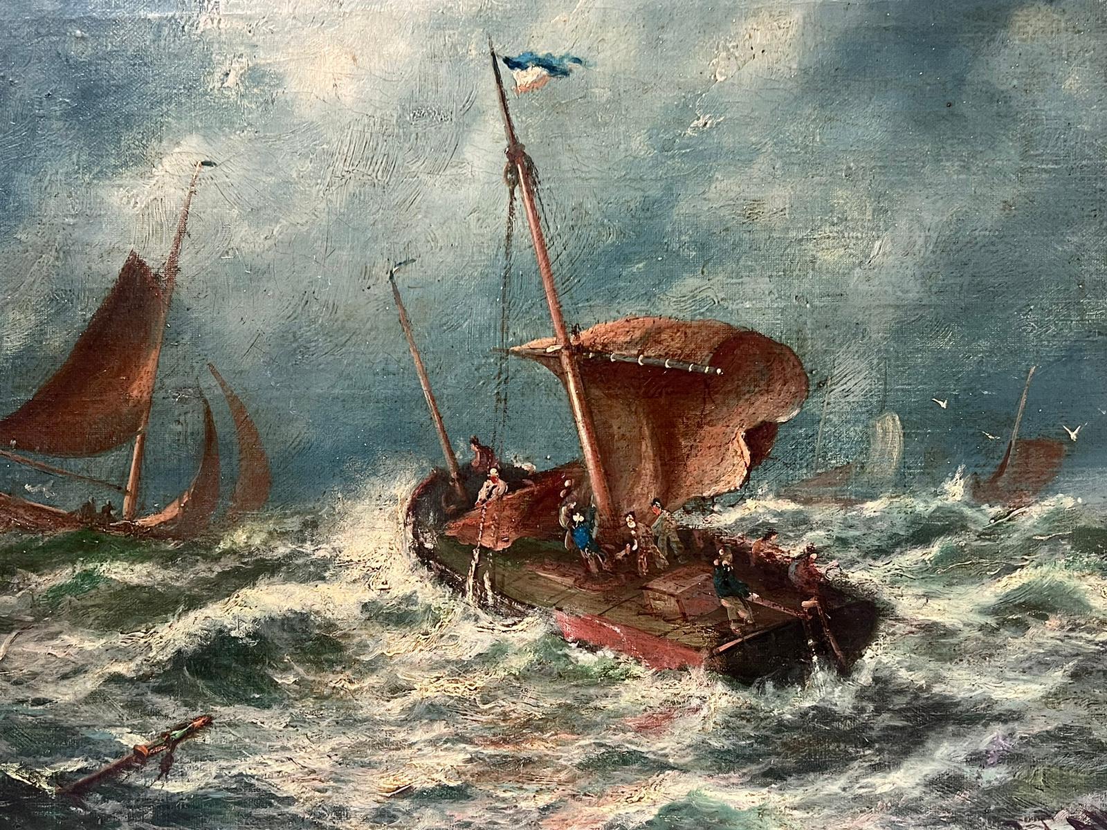 Fine Victorian English Marine Oil Painting Fishing Boats Stormy Crashing Seas For Sale 4