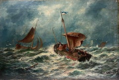 Antique Fine Victorian English Marine Oil Painting Fishing Boats Stormy Crashing Seas