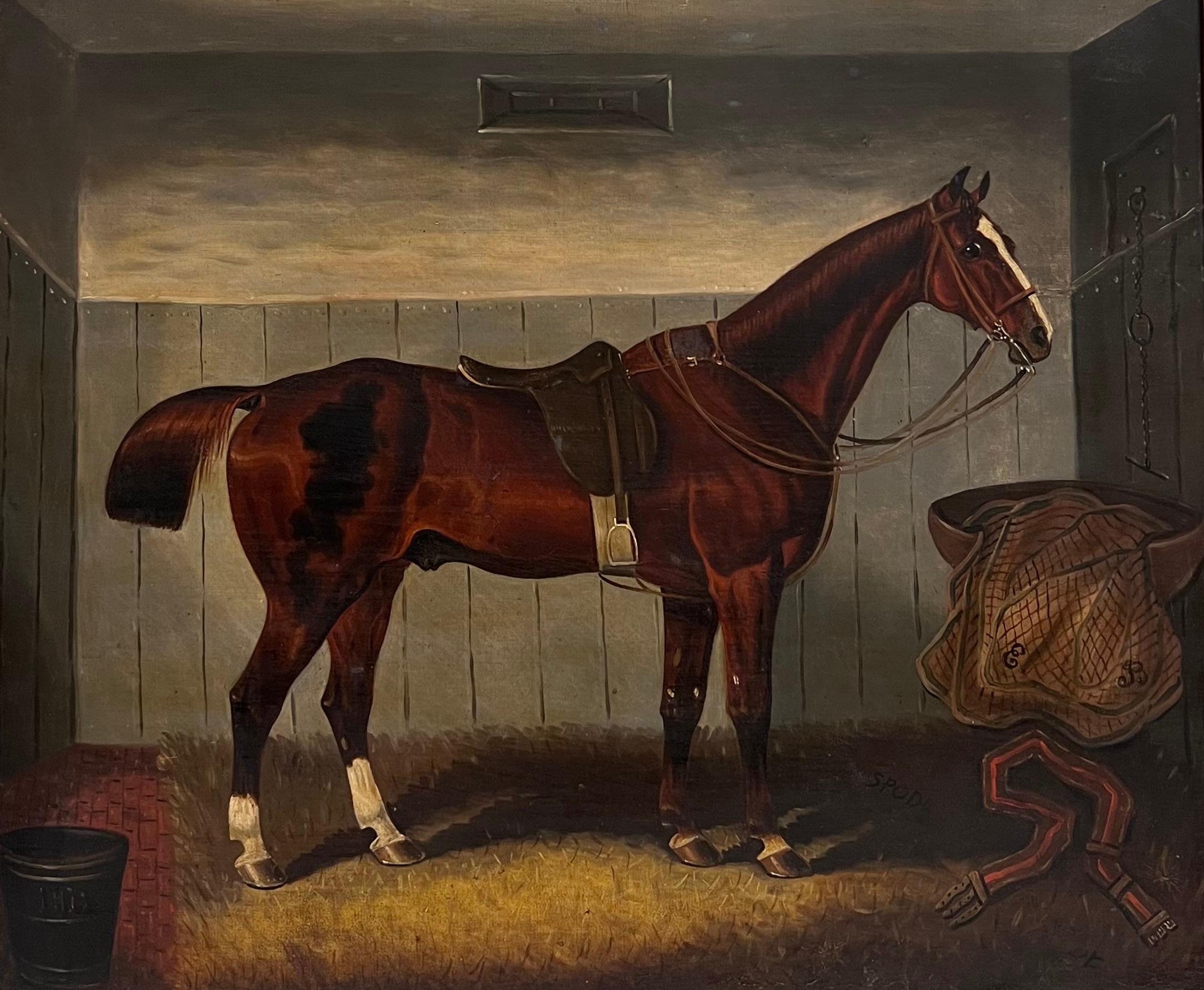 Feine viktorianische Englisch Sporting Art Ölgemälde Pferd mit Sattel im Stall – Painting von English Victorian Oil 