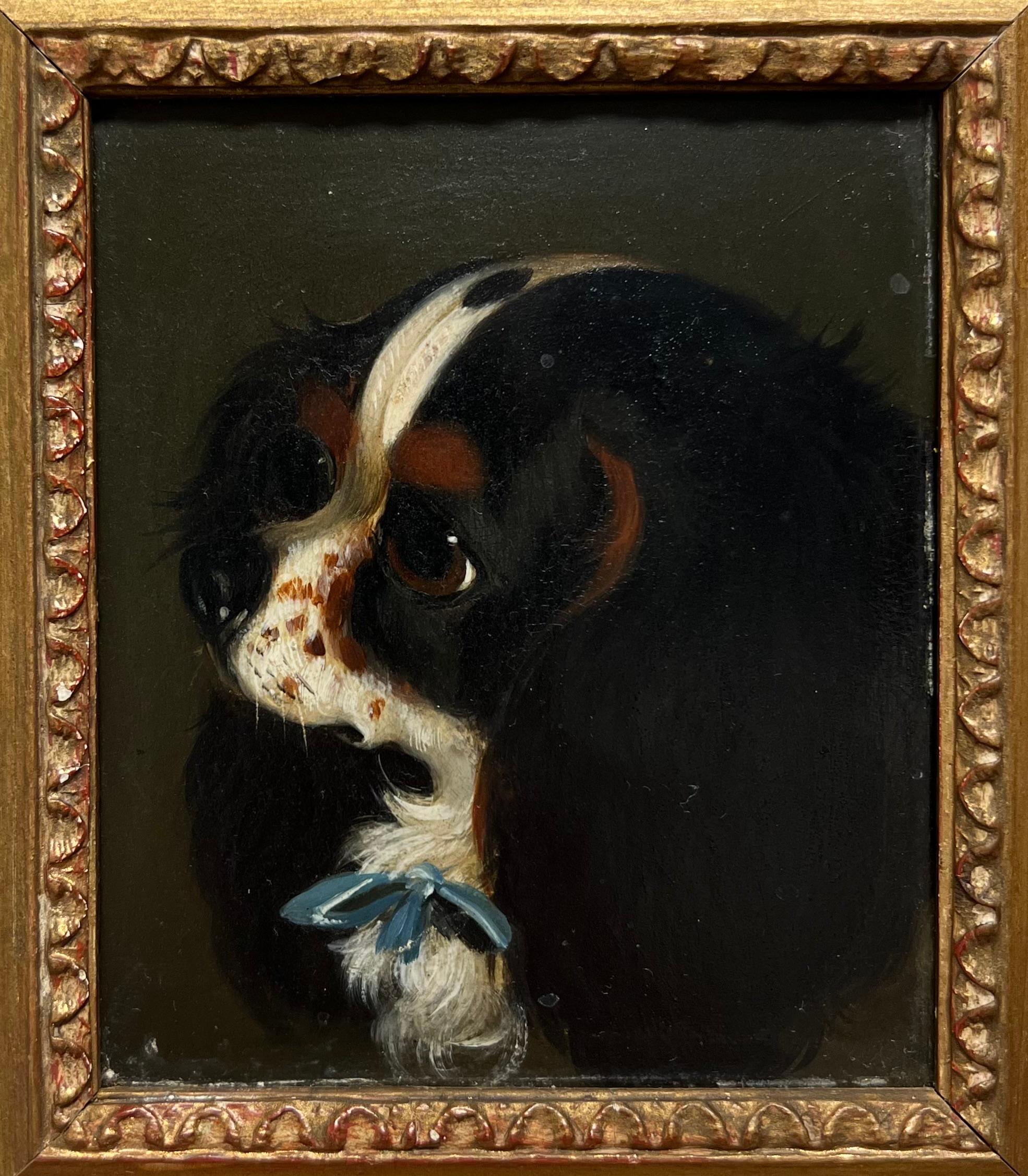 Head Portrait King Charles Cavalier Spaniel Dog with Blue Bow 19th Century Oil - Painting by English Victorian Oil 
