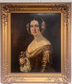 Antique Large Victorian Portrait of a Country Lady Oil on Canvas Swept Gilt Frame